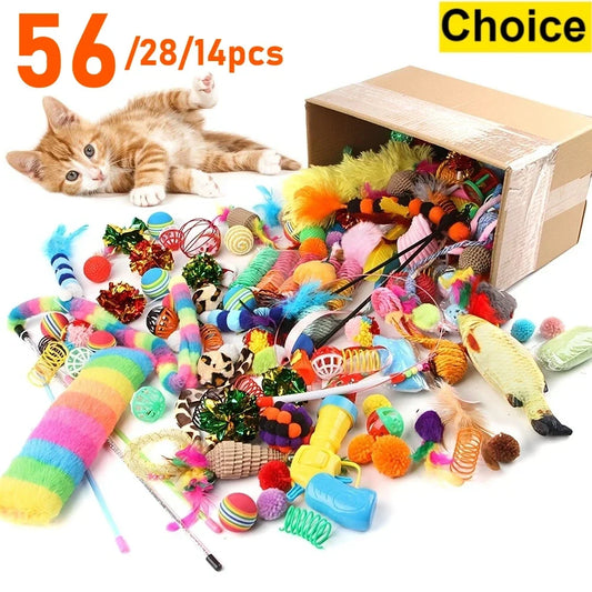 Gemischtes Katzenspielzeug-Set, 56 Stück/28 Stück/14 Stück. Eine Kombination aus verschiedenen Plastik- und Plüschtieren, geeignet für mehrere Katzen zum Spielen