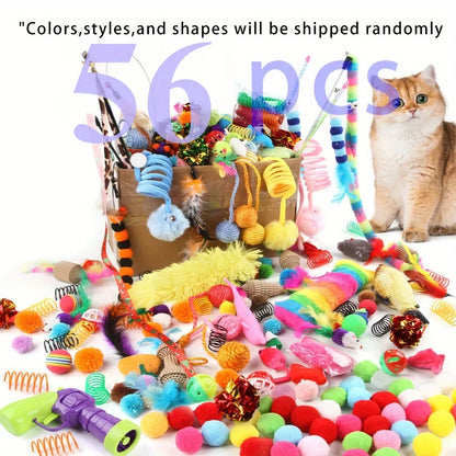 Gemischtes Katzenspielzeug-Set, 56 Stück/28 Stück/14 Stück. Eine Kombination aus verschiedenen Plastik- und Plüschtieren, geeignet für mehrere Katzen zum Spielen