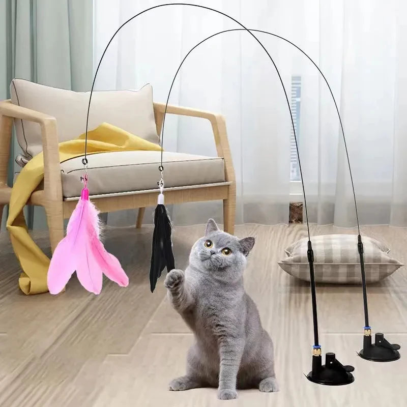 Katzenspielzeug, Federstab, interaktives Kätzchenspielzeug mit abnehmbarem Supersaugnapf, 2 Feder-Ersatzteile, Katzenzubehör