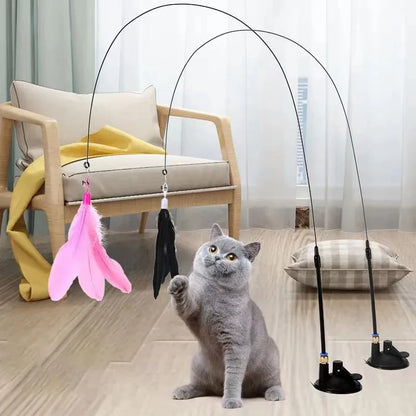 Katzenspielzeug, Federstab, interaktives Kätzchenspielzeug mit abnehmbarem Supersaugnapf, 2 Feder-Ersatzteile, Katzenzubehör