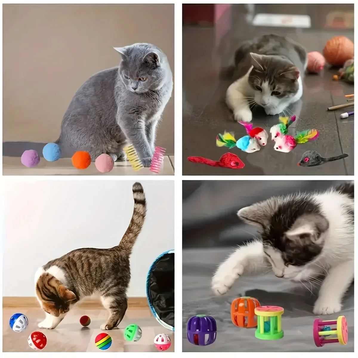 Gemischtes Katzenspielzeug-Set, 56 Stück/28 Stück/14 Stück. Eine Kombination aus verschiedenen Plastik- und Plüschtieren, geeignet für mehrere Katzen zum Spielen