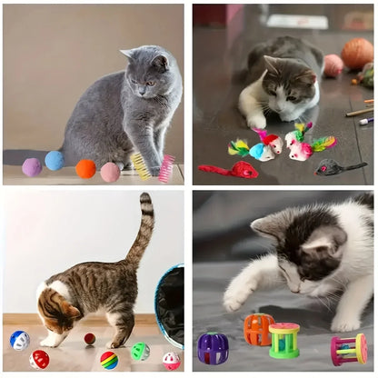 Gemischtes Katzenspielzeug-Set, 56 Stück/28 Stück/14 Stück. Eine Kombination aus verschiedenen Plastik- und Plüschtieren, geeignet für mehrere Katzen zum Spielen